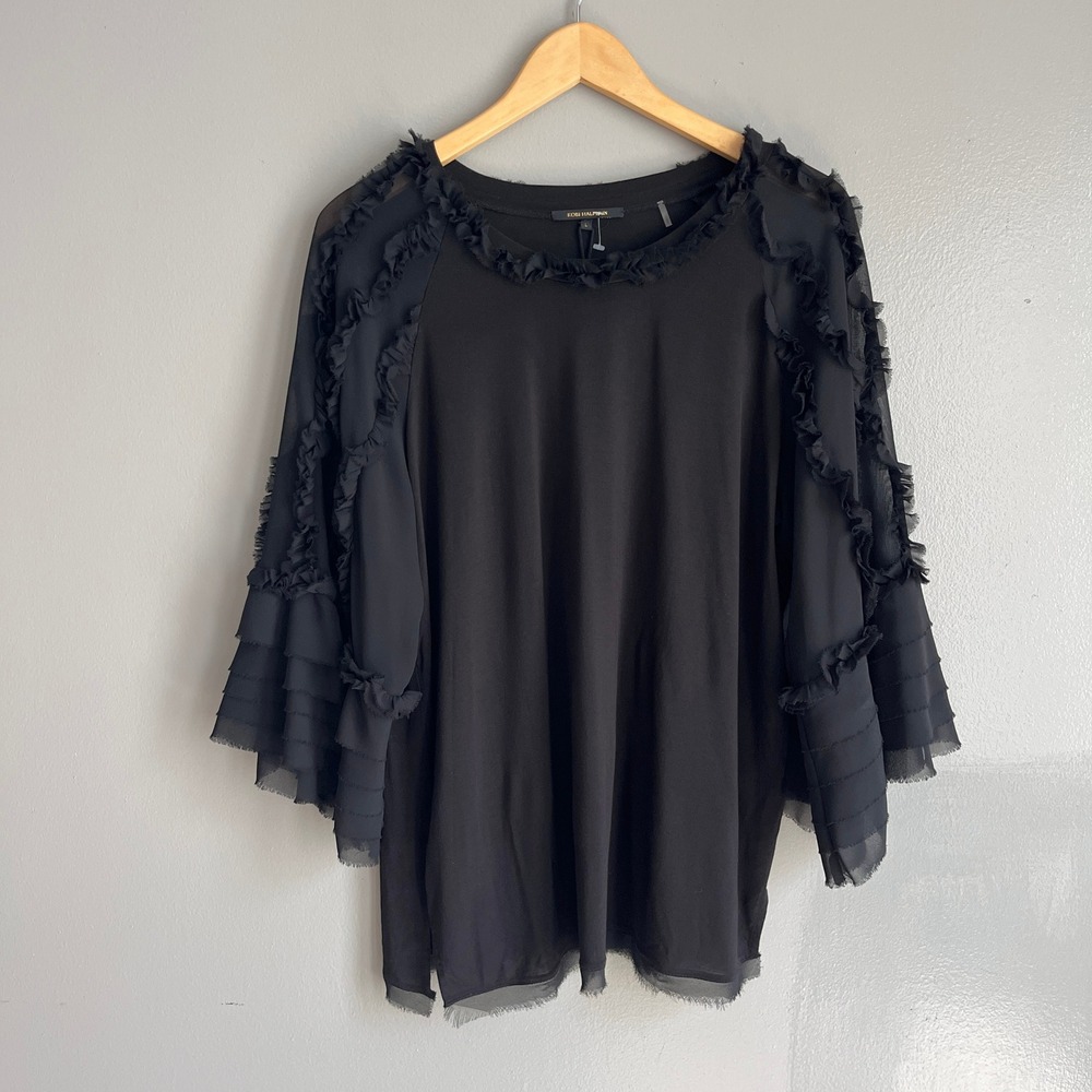 Kobi Halperin Aliza Tiered Sleeve Tunic Top Ruffle Blouse Black 3/4 Sleeve L NEW